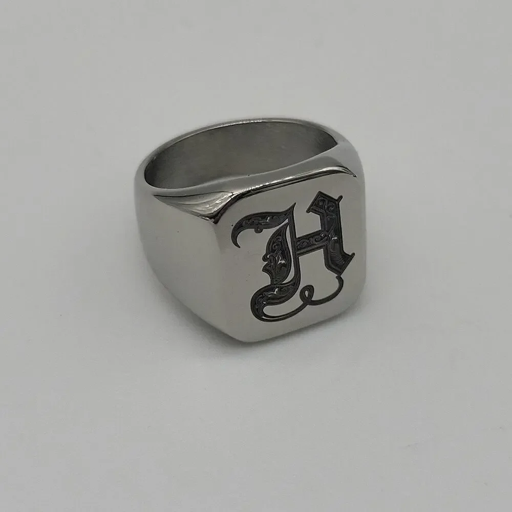 Men’s Stainless Steel Initial H Signet Ring Size 9 Engraved Handmade NWT